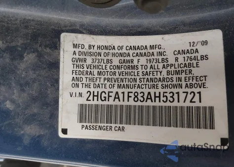 2010 Honda Civic Ex from USA, damaged, VIN 2HGFA1F83AH531721